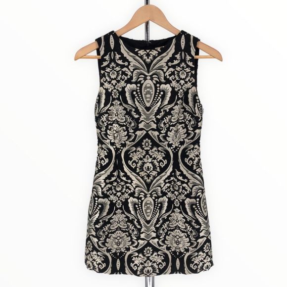 Alice & Olivia Clyde Sleeveless Black & White Damask Shift Mini Dress size 2 - Picture 4 of 15